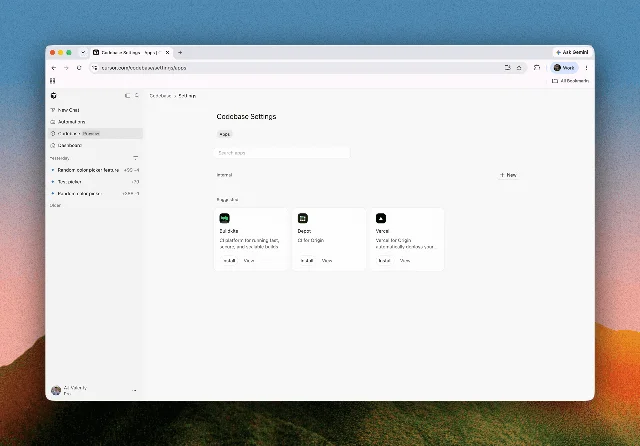 Cursor Origin 的 Codebase 应用设置页面，列出 Buildkite、Depot 和 Vercel 集成
