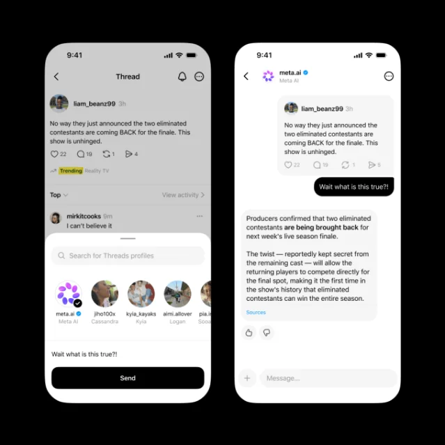Threads 帖子与 Meta AI 私信对话界面