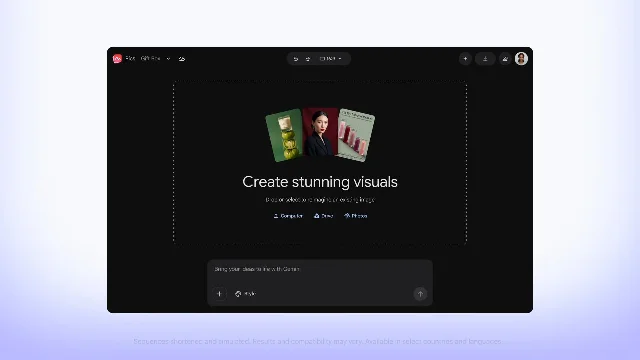 Google Pics homepage showing a prompt bar, sample images, and import options