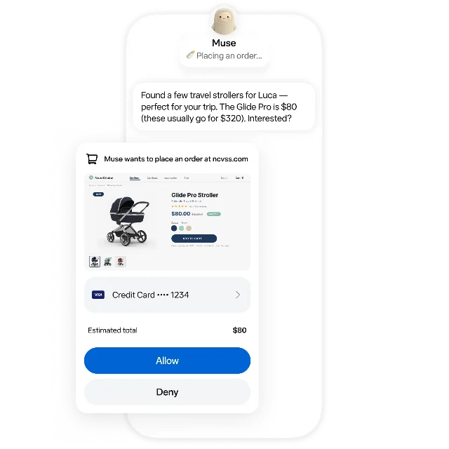 Muse's official approval interface shows an agent preparing a purchase and waiting for permission.