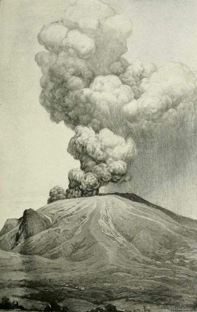 A sepia engraving of a mountain with a vast billowing column of ash and cloud rising from its summit