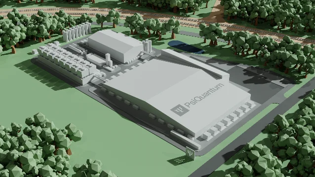 3D architectural render of PsiQuantum's planned Moreton Bay facility showing the photonic chip fab building surrounded by trees, with the PsiQuantum logo visible on the main structure