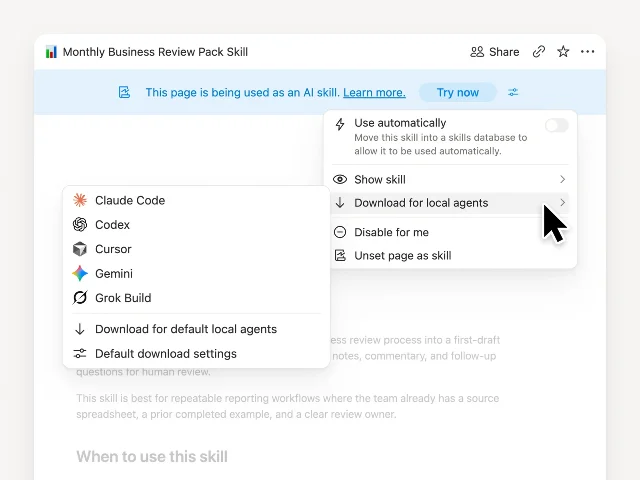 A Notion skill page with the AI-skill banner and its menu open, listing Use automatically, Show skill, Download for local agents, Disable for me and Unset page as skill