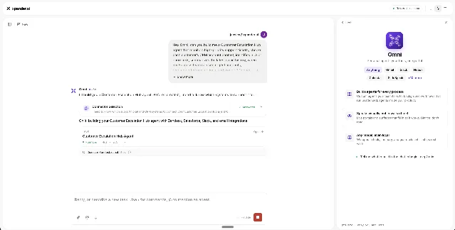 Official Omni interface showing a Customer Escalation Hub request, connector selection, and a running agent task