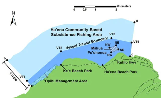 Map of Hā‘ena's Community-Based Subsistence Fishing Area, including the vessel transit boundary and the protected Makua Pu‘uhonua.