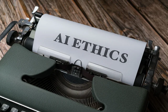 复古打字机打出「AI ETHICS」字样，象征 AI 立法进入重要议程