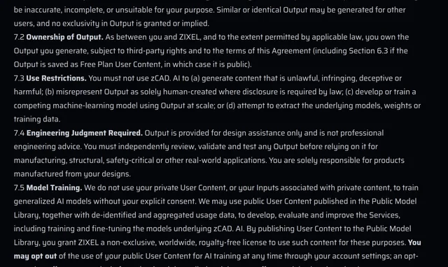 Sections 7.2 to 7.5 of zCAD's Terms of Service, covering ownership of output, use restrictions, engineering judgment and model training