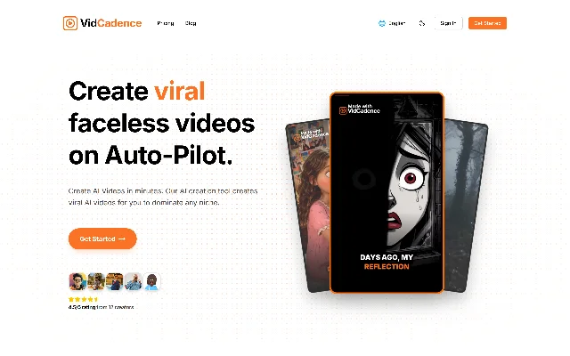 VidCadence 官网首屏：左侧大标题 Create viral faceless videos on Auto-Pilot.（viral 一词为橙色），下面一行写 Create AI Videos in minutes. Our AI creation tool creates viral AI videos for you to dominate any niche.，再往下是橙色 Get Started 按钮；按钮下方一排五位创作者的圆形头像与五颗星，星标下方小字写 4.5/5 rating from 12 creators；右侧是三部斜叠在一起的手机画面，最前面那部带橙色描边、角落印着 Made with VidCadence 徽章，画面里是一张黑白插画脸，底部字幕写 DAYS AGO, MY REFLECTION；页顶导航只有 Pricing 与 Blog 两项