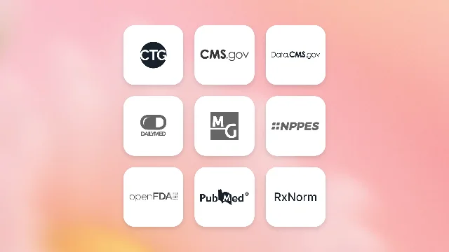 Logo grid for the nine official healthcare public data sources connected through OpenAI's Healthcare Public Data plugin