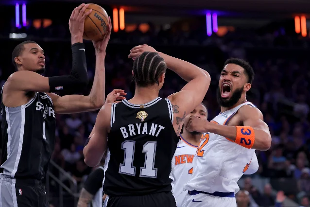 Karl-Anthony Towns of the Knicks reacts during the NBA Finals against the Spurs