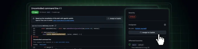 A GitHub code scanning alert titled Uncontrolled command line #3, open on branch main two weeks ago, with a pane offering Assign to Copilot, severity set to Critical, and affected branches listed as main and default