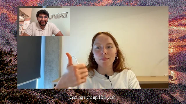 A video call frame: a woman giving a thumbs up in the main window, a man smiling in a smaller window in the top left, the caption "Coming right up. Hell, yeah.", all inside a decorative halftone border