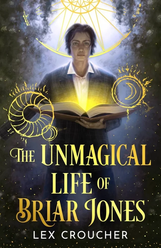 The Unmagical Life of Briar Jones UK cover — Briar holds a glowing open book with golden magic sigils floating around them