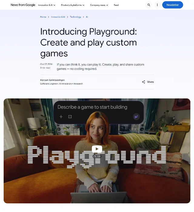 Google's blog post headed Introducing Playground: Create and play custom games, dated 07 October 2026, above a video still with a prompt bar reading Describe a game to start building
