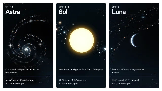 OpenAI 官方发布页上的三张模型卡:Astra、GPT-6.1 Sol、Luna,以及三档输入/输出/缓存输入价格