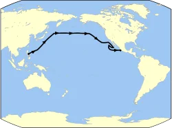 Approximate route of the *San Lucas* on its return from the Philippines to Mexico