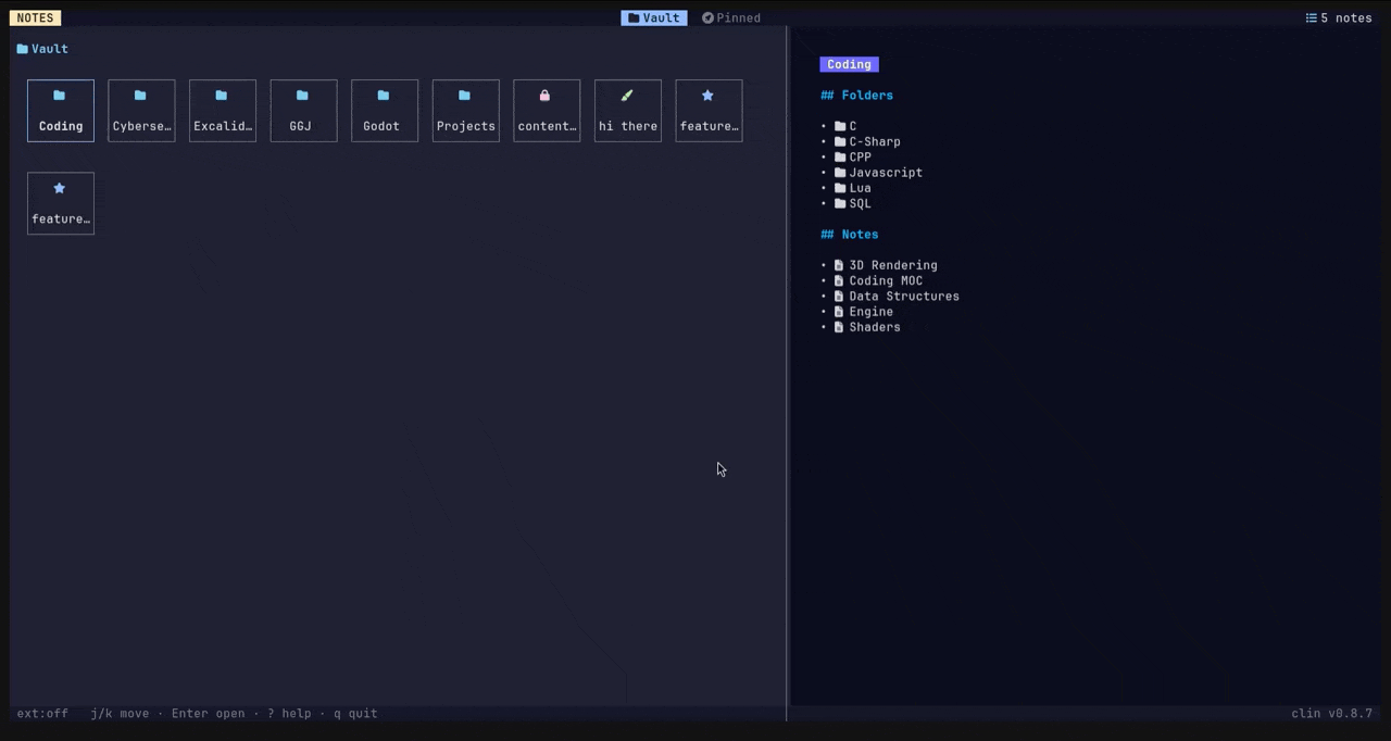 clin vault grid view with folder tiles and note preview panel