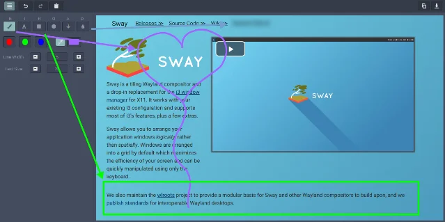 swappy 标注界面:对 GitHub 页面截图进行标注,左侧为工具栏,画布上可见心形和矩形标注