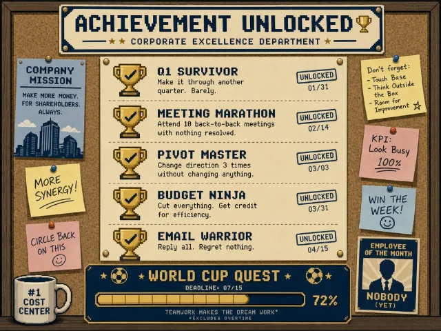 Retro achievement unlock screen styled as a bulletin board with gold trophies and Post-it notes