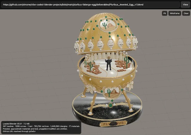 The .blend URL Viewer showing the 3D Pluribus egg with vertex counts and mesh statistics