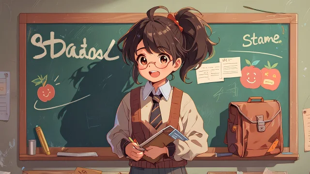 Anime student browsing books in a warm library