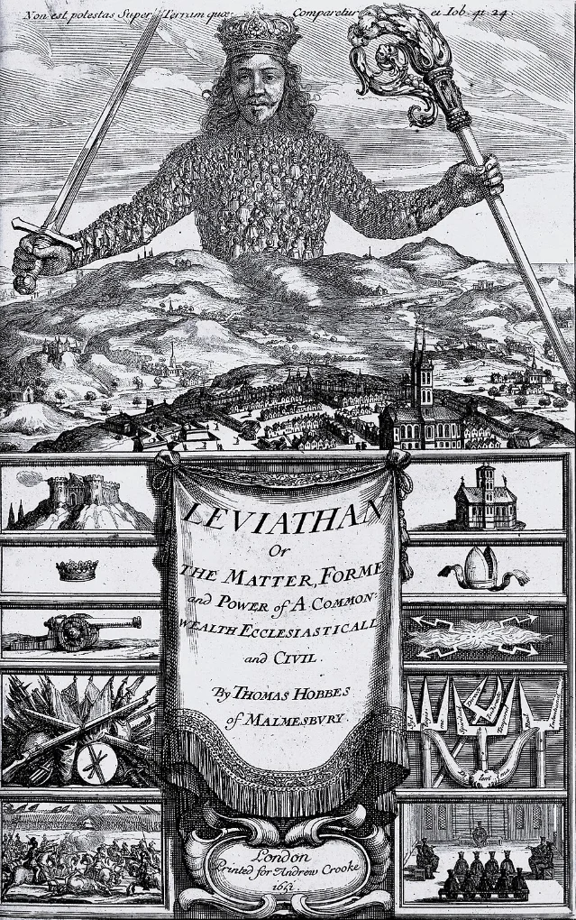 Frontispiece of Thomas Hobbes's Leviathan (1651), engraved by Abraham Bosse — the sovereign figure composed of the bodies of citizens