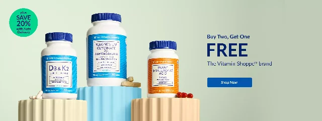 The Vitamin Shoppe buy-two-get-one-free promotion banner — D3&amp;K2, Magnesium Glycinate with Ashwagandha, and Injuv Hyaluronic Acid bottles on light teal background