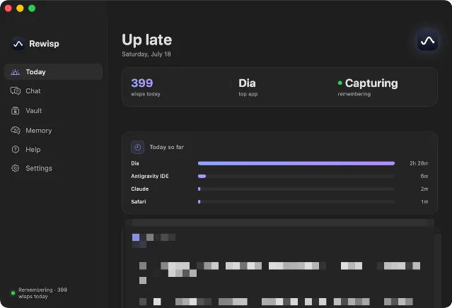 Rewisp's official Today dashboard shows capture status, a wisp count, and time spent across apps.