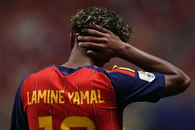 Lamine Yamal reacts after scoring
