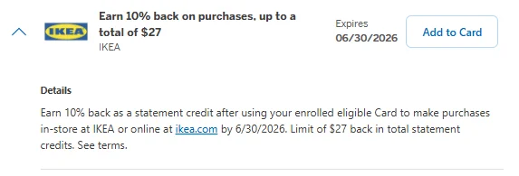 IKEA Amex Offer — 10% back up to $27, expires Jun 30, 2026