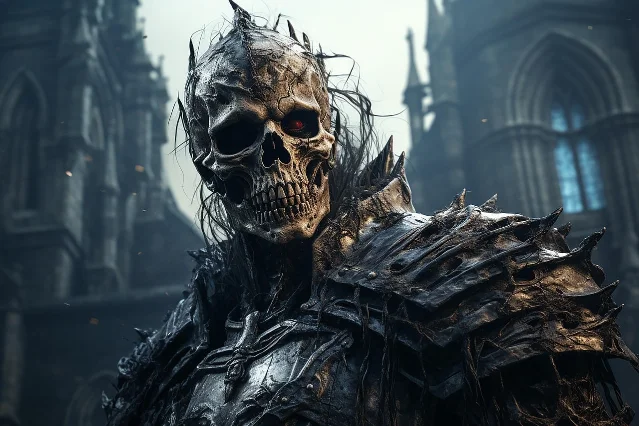 A skull-helmeted skeleton warrior in dark fantasy armour — emblematic of the undead Overlord forces Mortarion fought on Barbarus