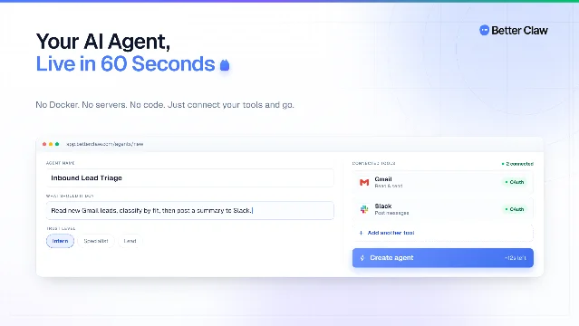 BetterClaw's agent-creation form: a task description, an Intern/Specialist/Lead trust-level selector, and Gmail and Slack connected over OAuth