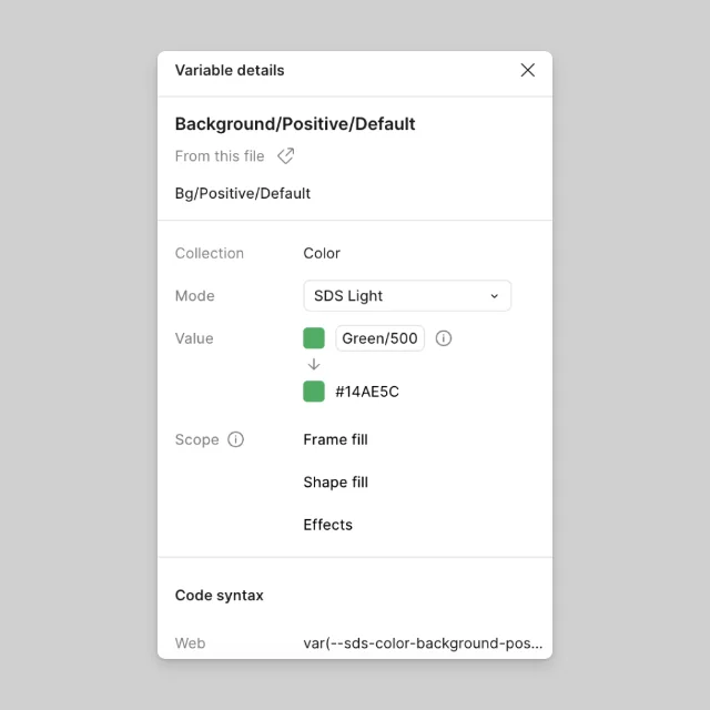 Figma Dev Mode 中的 Variable details 弹窗,清晰展示了从业务语义到基础色值、再到 CSS 变量的别名继承树