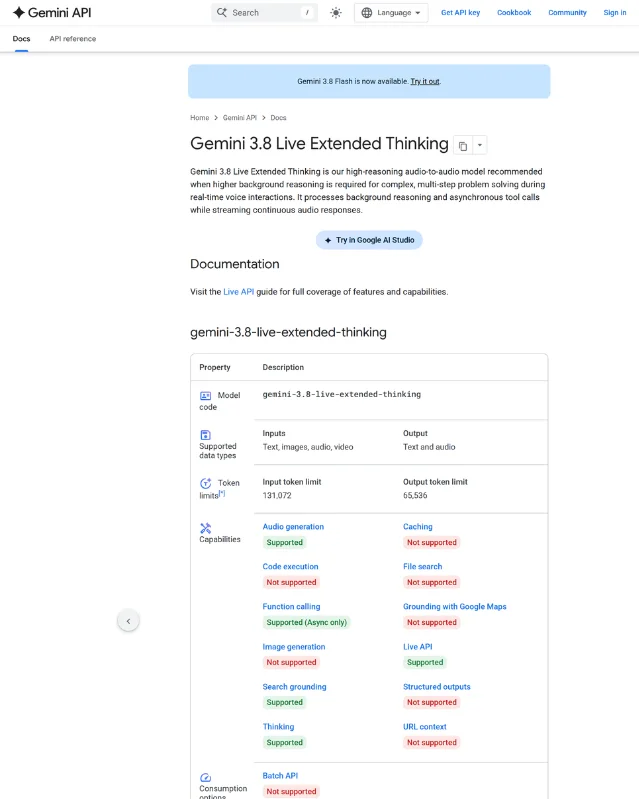 Gemini API model documentation for gemini-3.8-live-extended-thinking, showing model properties and capability support
