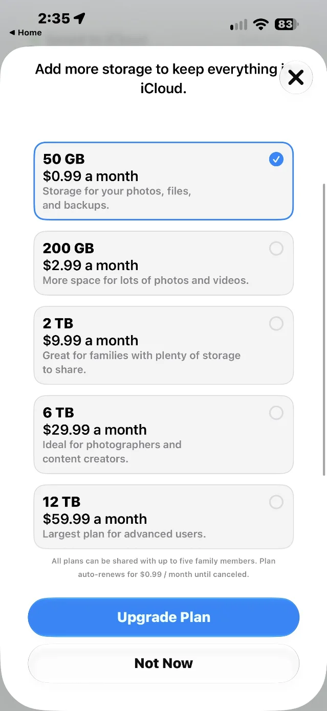 A screenshot of the iCloud+ storage upgrade screen listing 50GB at $0.99, 200GB at $2.99, 2TB at $9.99, 6TB at $29.99 and 12TB at $59.99 a month
