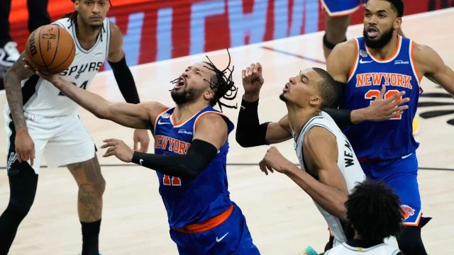 Jalen Brunson drives past Wembanyama during Game 5 second half
