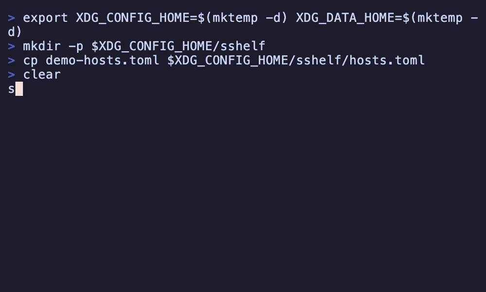 sshelf TUI: fuzzy-search across SSH hosts with frecency sorting and two-keystroke connection