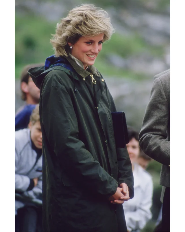 Princess Diana wearing a dark green Barbour jacket — her adoption of the brand in the early 1980s made it the uniform of the so-called Sloane Rangers