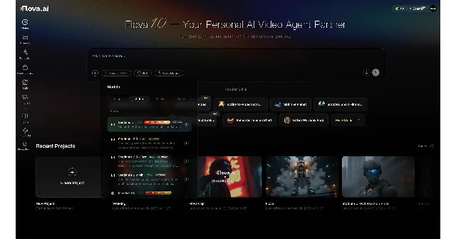 Flova 视频 Agent 的项目工作台截图,包含模型选择、Skill、Asset Library 和近期项目