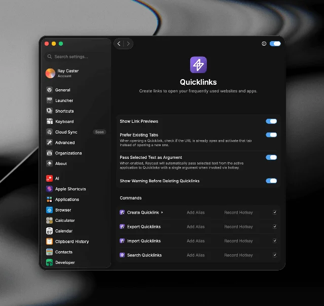 Raycast Quicklinks settings panel showing search and manage options