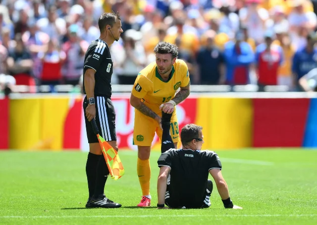 Australia's Aiden O'Neill helps referee Felix Zwayer