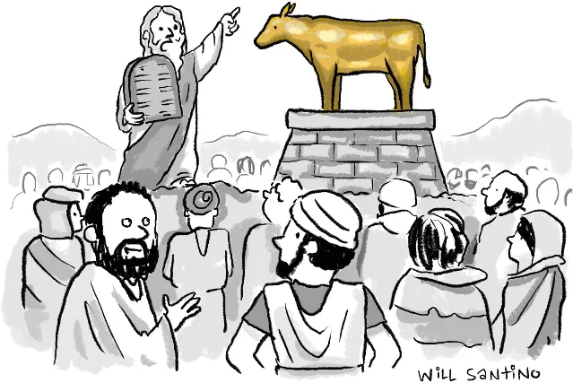 文章配图:绘画版摩西手指金牛犊,旁注「Moses has very clear policy positions, but I feel like I could get a beer with the Golden Calf」,出自《纽约客》插画