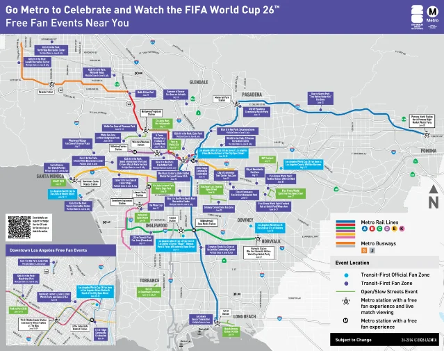 LA Metro fan events map showing transit-accessible World Cup watch parties across Los Angeles County