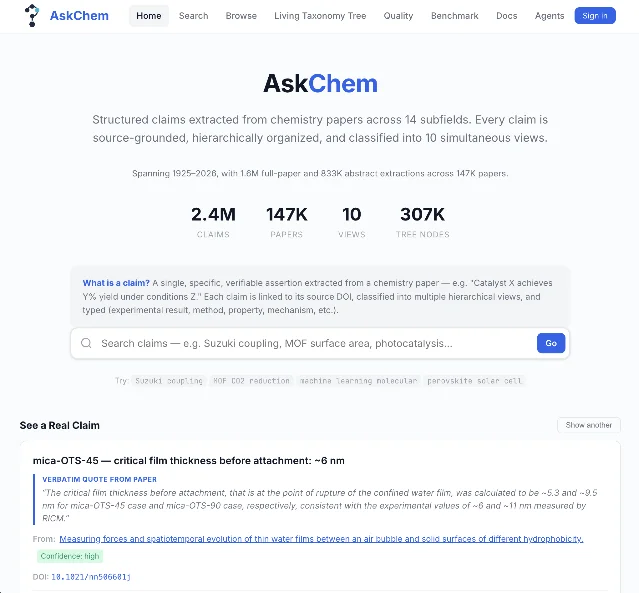 AskChem 的 claim 检索界面