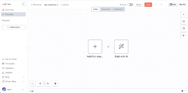 The n8n canvas on a new workflow, showing "Add first step... or Build with AI" side by side.