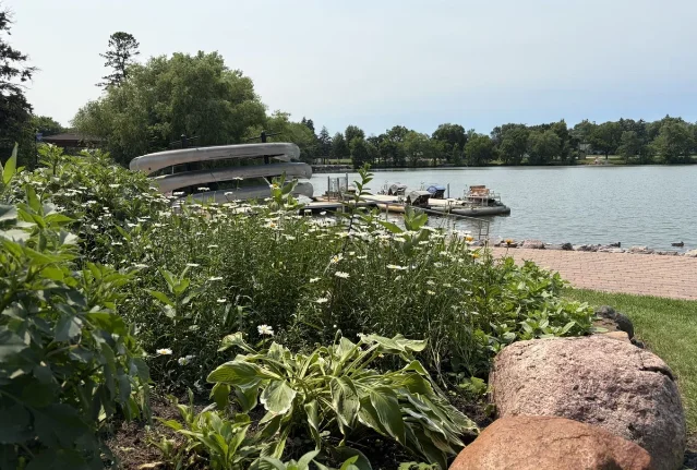 Flower beds near the Eastman Park boathouse
