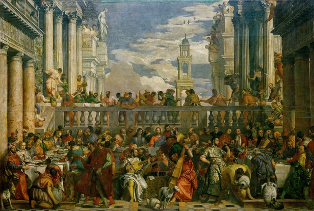 The pre-1992 restoration state of the painting, showing the steward's coat in its rouge marron (reddish-brown) color — removed during the controversial restoration that returned it to green