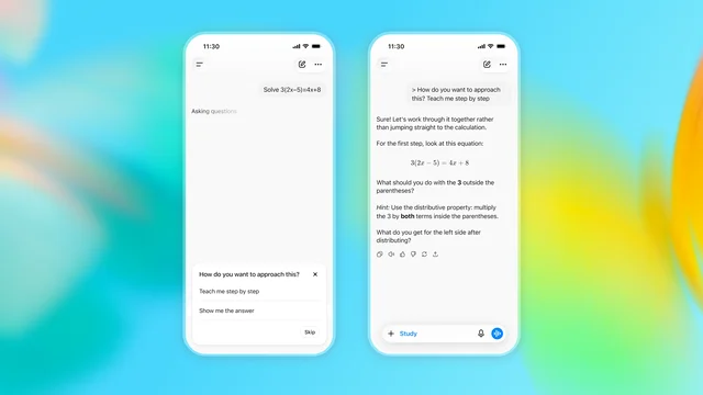Two OpenAI ChatGPT screens showing a homework prompt and a step-by-step Study Mode response