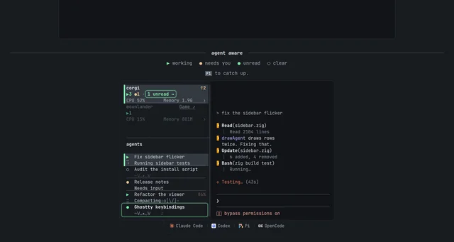 The Corgi feature page showing an agent list beside one agent's activity feed: rows named Fix sidebar flicker, Running sidebar tests and Audit the install script, one row marked Needs input in amber, and the feed showing Read, Update and Bash steps from the focused agent