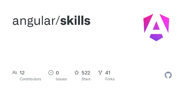 angular/skills GitHub repository card showing 522 stars, 41 forks, 12 contributors, and the Angular logo